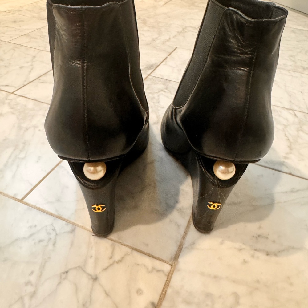 Chanel Black Leather Wedge Ankle Boots with Pearl Detail